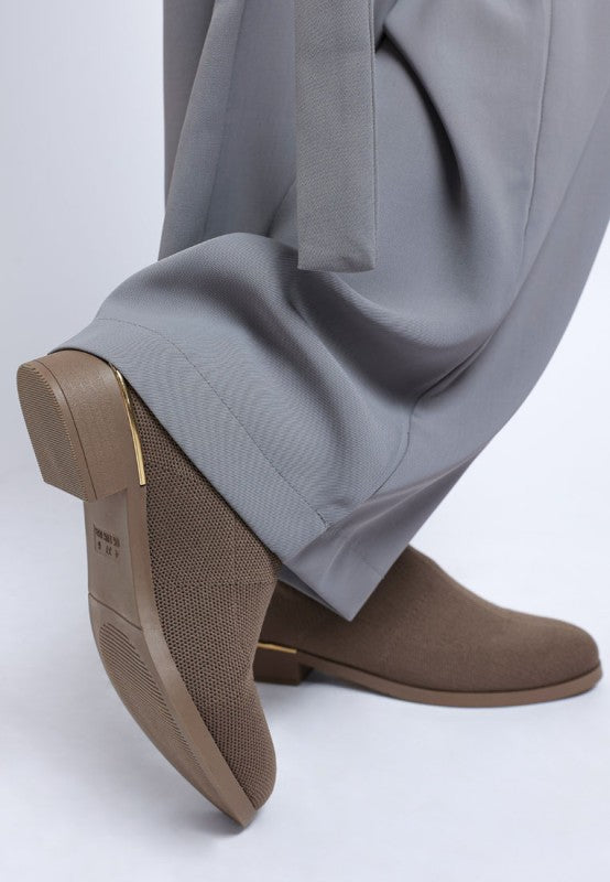 Back view of taupe Rosamund Sock Boots with low stacked heel and pull-on fit.