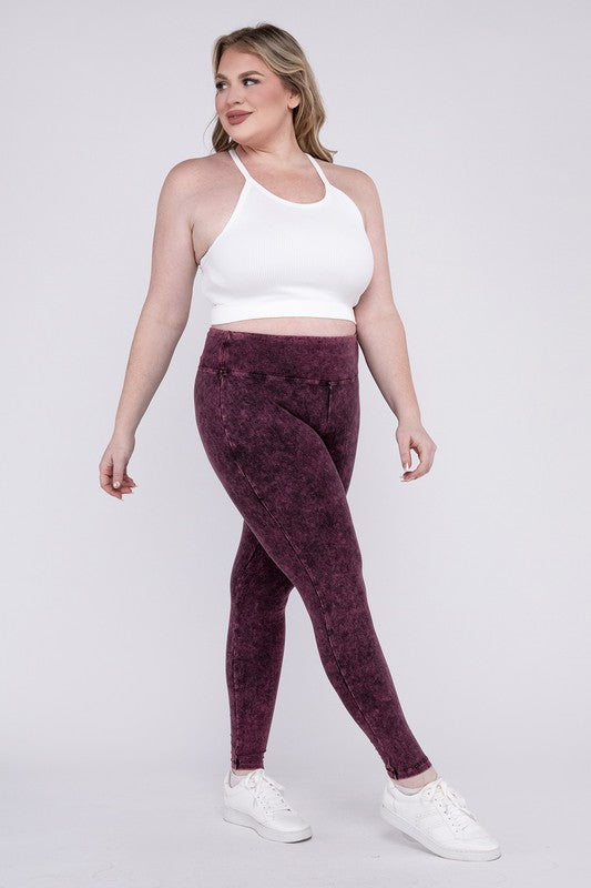 Stretchy dark burgandy colored, mineral washed, full-length leggings with a wide waistband.