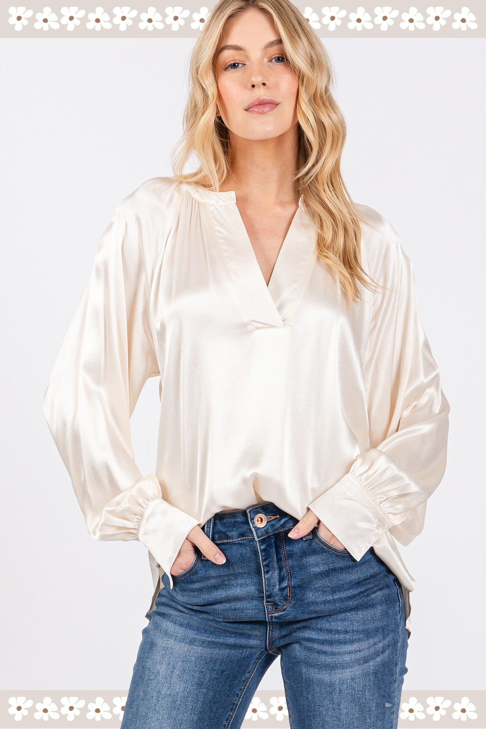 Demsy Notched Long Sleeve Blouse In Ivory