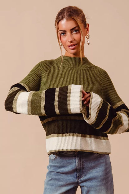 Olive multi striped mock neck sweater side angle, ribbed knit style.