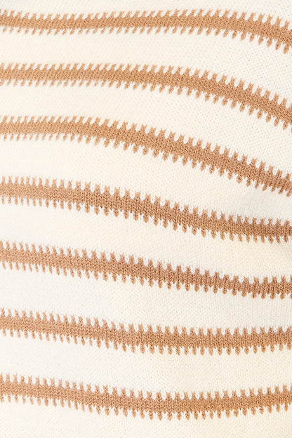 Detail of Ryanne Sweater fabric showing taupe and crème stripes