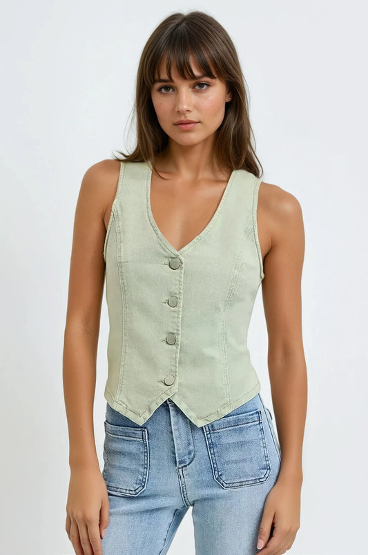 Kaylee pistachio V-neck button down vest for women, sleeveless and slightly stretchy cotton blend.