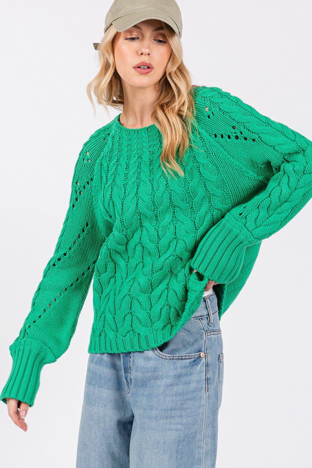 Amelia Cable-Knit Long Sleeve Sweater In Emerald