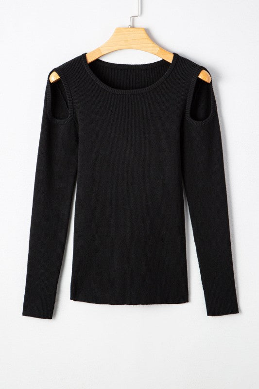 Front of Amaya Ribbed Knit Cold Shoulder Sweater on hanger.