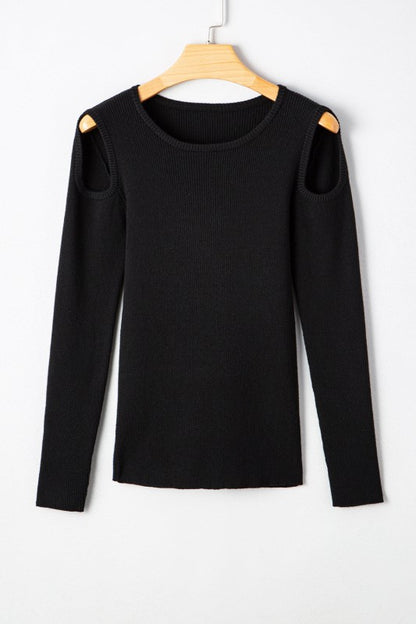 Front of Amaya Ribbed Knit Cold Shoulder Sweater on hanger.