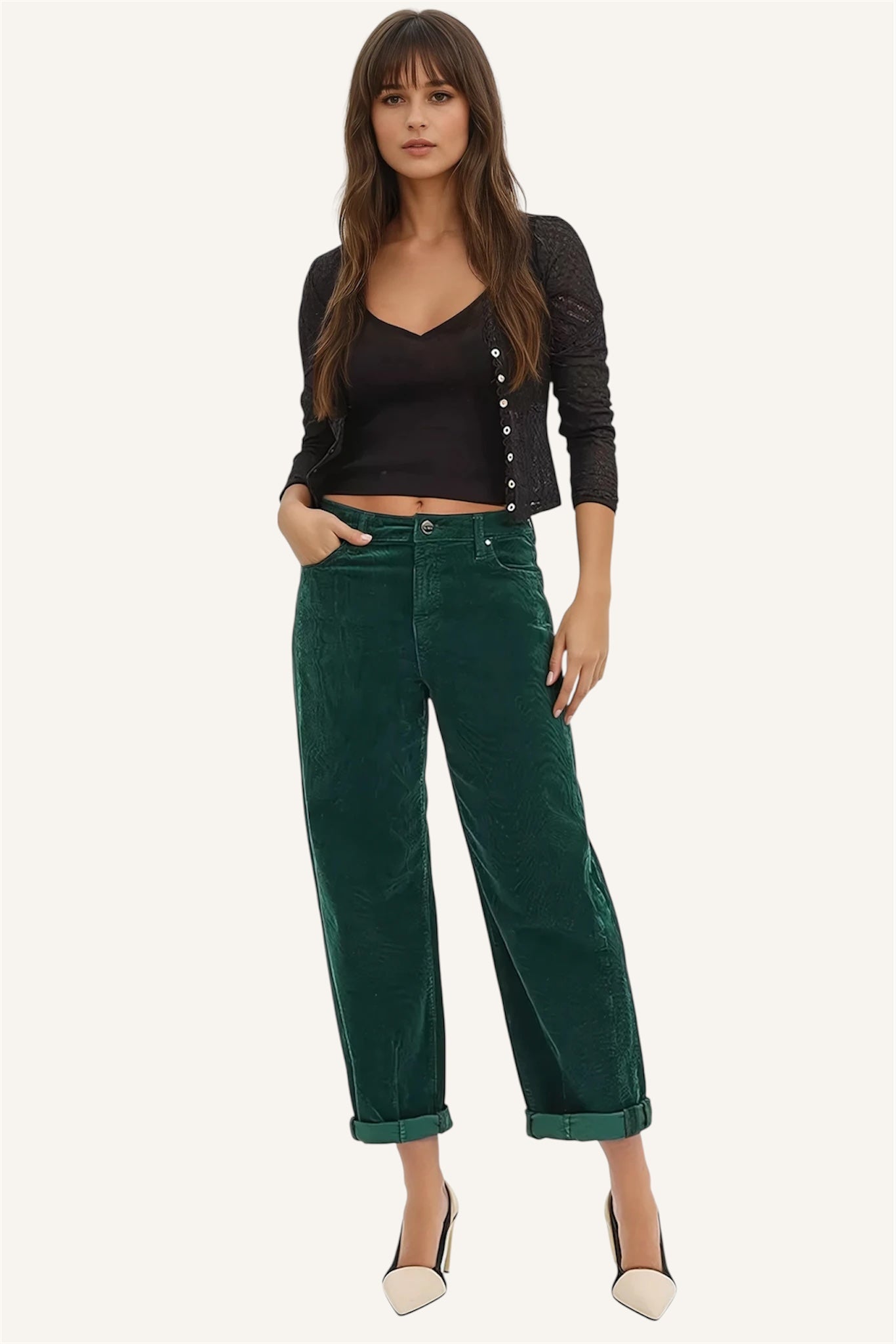Full body view of Greer High Rise Barrel Corduroy Pants paired with heels, cropped hem highlighting modern style.