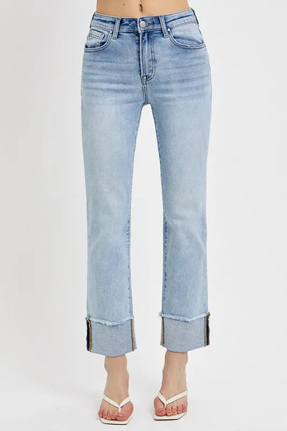 Front view of Lorelei High Rise Straight Cuffed Relaxed Jeans in light wash with straight leg fit.