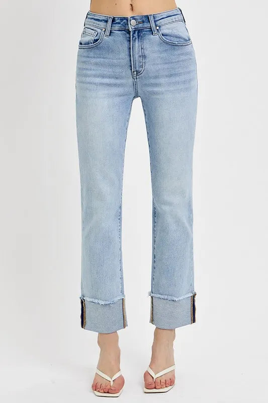 Front view of Lorelei High Rise Straight Cuffed Relaxed Jeans in light wash with straight leg fit.