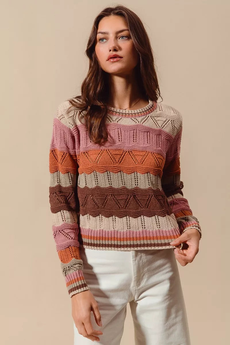 Nina Multi Color Wavy Stripe Sweater Top highlighting soft slightly stretchy material.