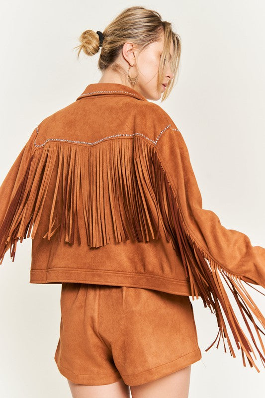 Oakley Plus Size Suede Fringe Jacket camel back view showcasing fringe across shoulders