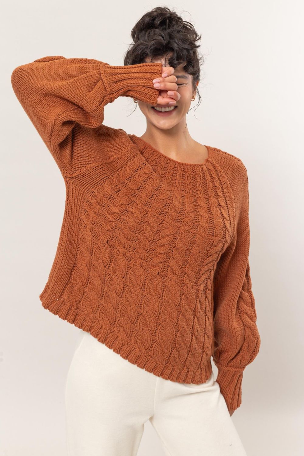 Arpi Cable-Knit Round Neck Raglan Sleeve Sweater