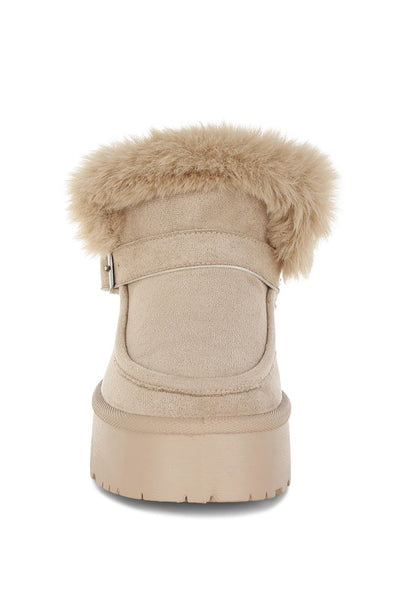 Beige Linka Snow Boots with microfiber upper and adjustable buckle strap fit.