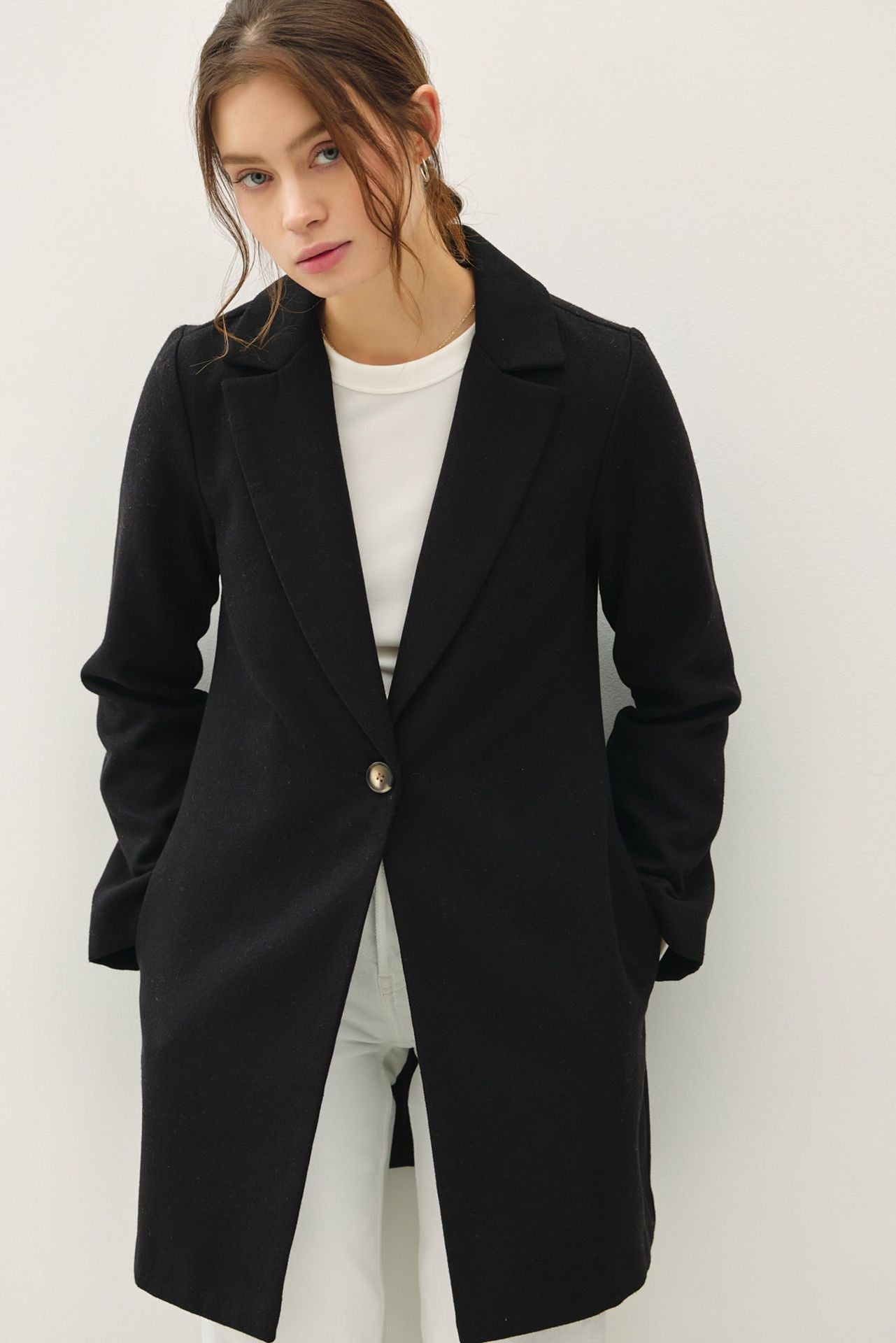 Karolina Single Button Long Sleeve Coat with Pockets