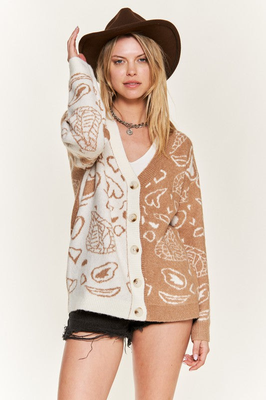 Dafni Heart Paisley Cardigan - Plus SIze, Color Block, Oversized Fit, Drop Shoulder