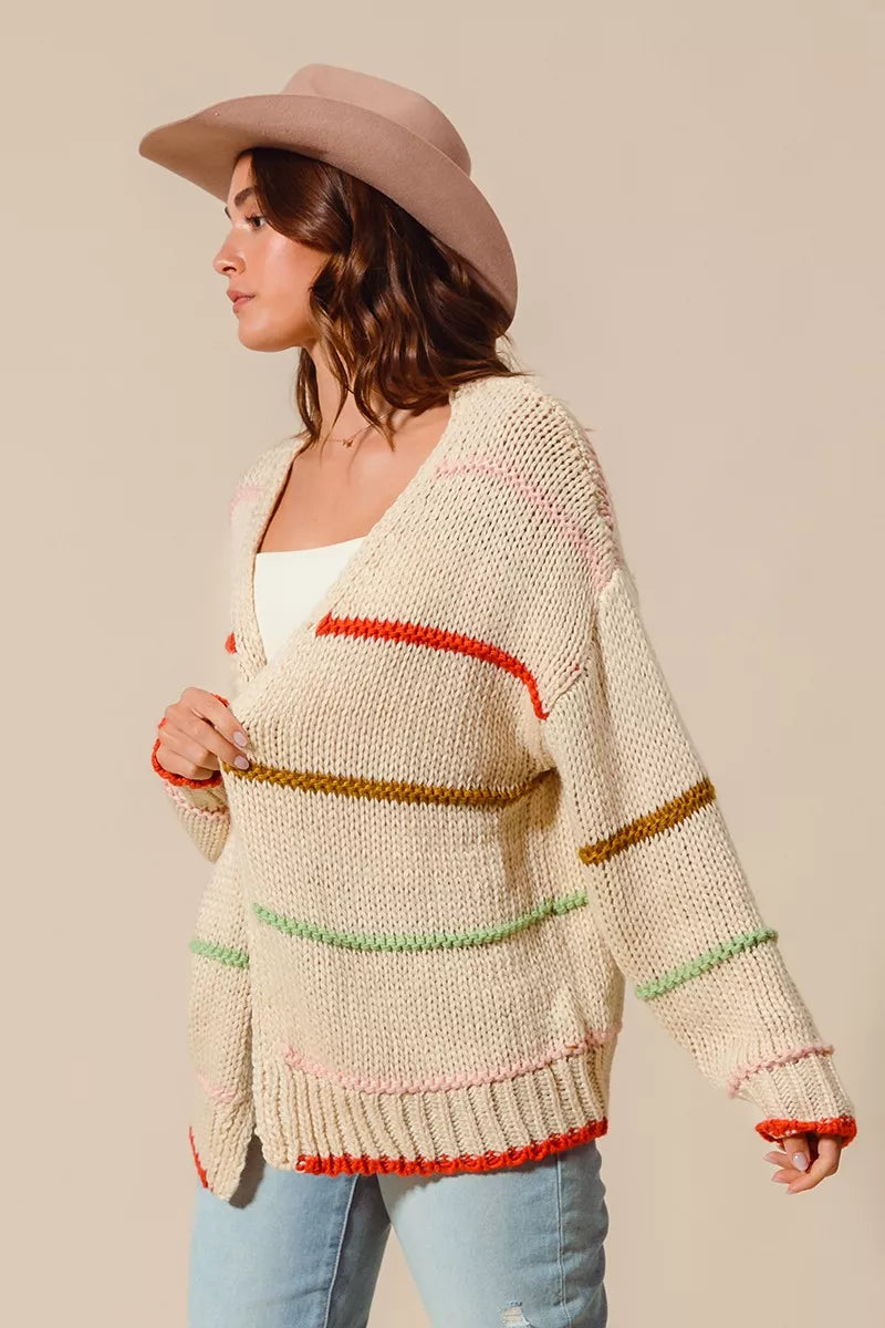 Model side profile wearing Angelina Cardigan in cozy multicolor stripe knit.