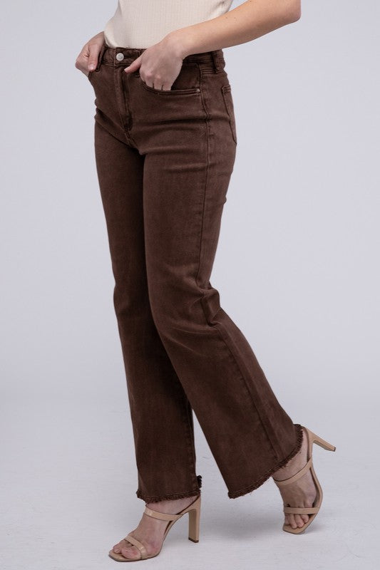 Mahogany acid-washed straight wide-leg pants featuring a frayed cutoff hem, zip fly closure, and a relaxed fit. Made with stretchy fabric for comfort and a unique vintage-inspired look.