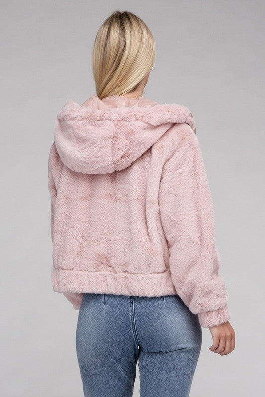 Cropped mauve zip-up fluffy teddy hoodie with a drawstring hood, long sleeves, and front pockets.