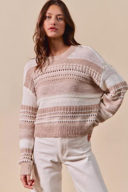 Bina Variegated Stripe Sweater hemline and textured ribbed weave.