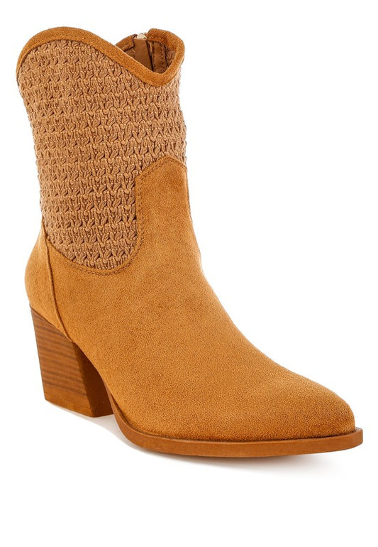 Tan Bimmy Woven Western Boots front angle showing pointed toe, woven embroidery, and stacked flared block heel.
