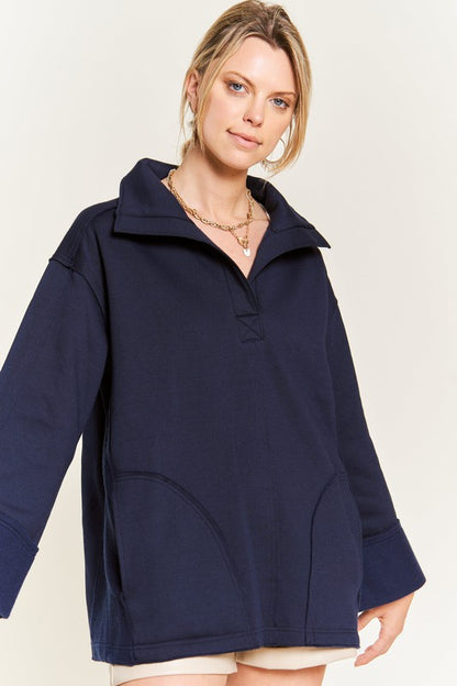 Aylani Plus Size High Collar Knit Top navy oversized relaxed fit front