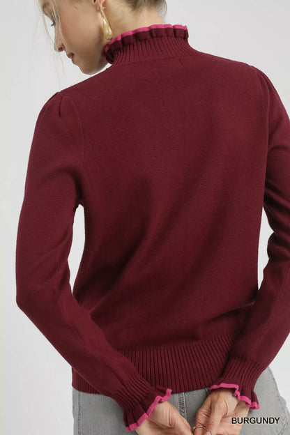 On model back: Burgundy ribbed knit sweater, back displayed on hanger, winter style.
