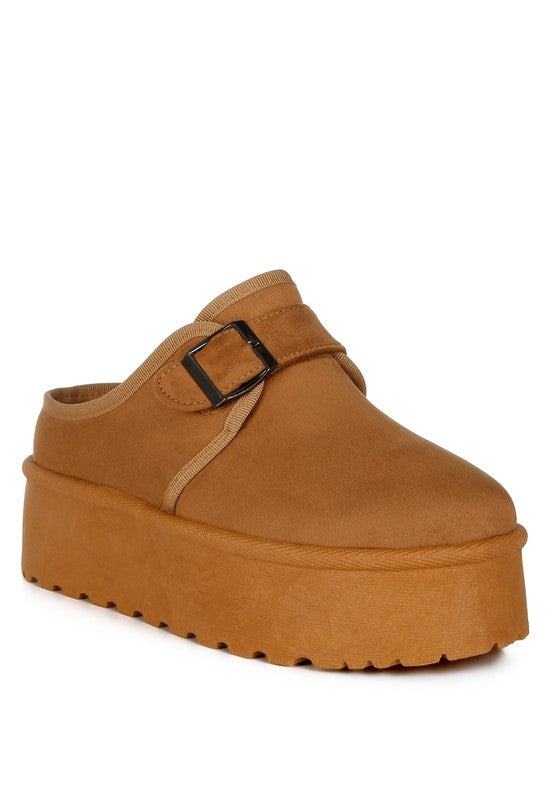 Mayfield Buckle Strap Fur Slip-Ons tan front angle with platform sole