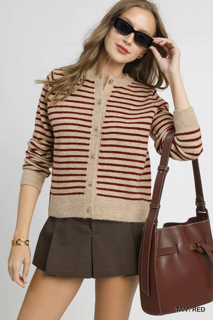 Magda striped cardigan in tan red, flattering fit front view.