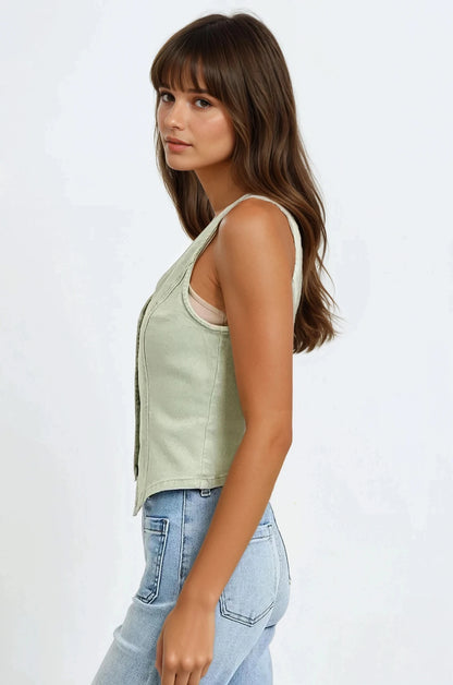 Side view of Kaylee Pistachio Button Down Vest highlighting V-neckline and tailored cut.