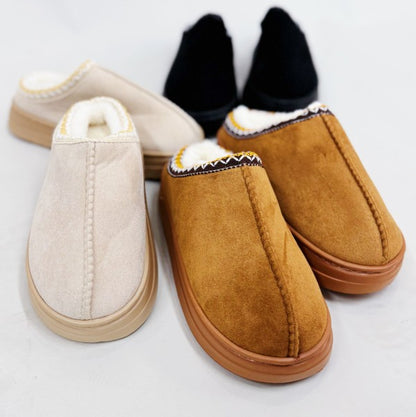 Cozy Cloud Slippers in black, camel, and cream together showing all color options.
