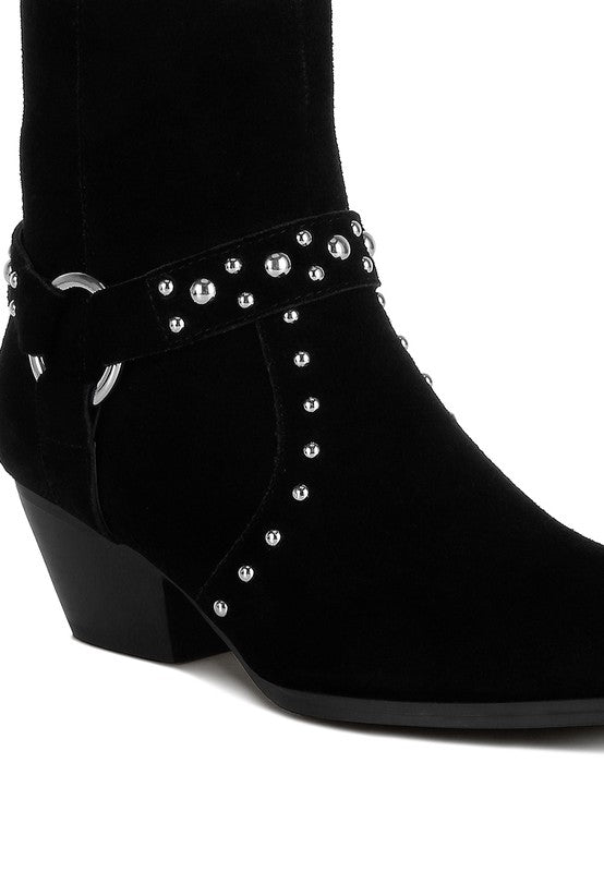 Rodeo Studded Suede Ankle Boots Black close up of suede finish and stud embellishments