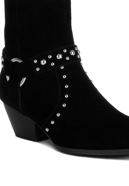 Rodeo Studded Suede Ankle Boots Black close up of suede finish and stud embellishments