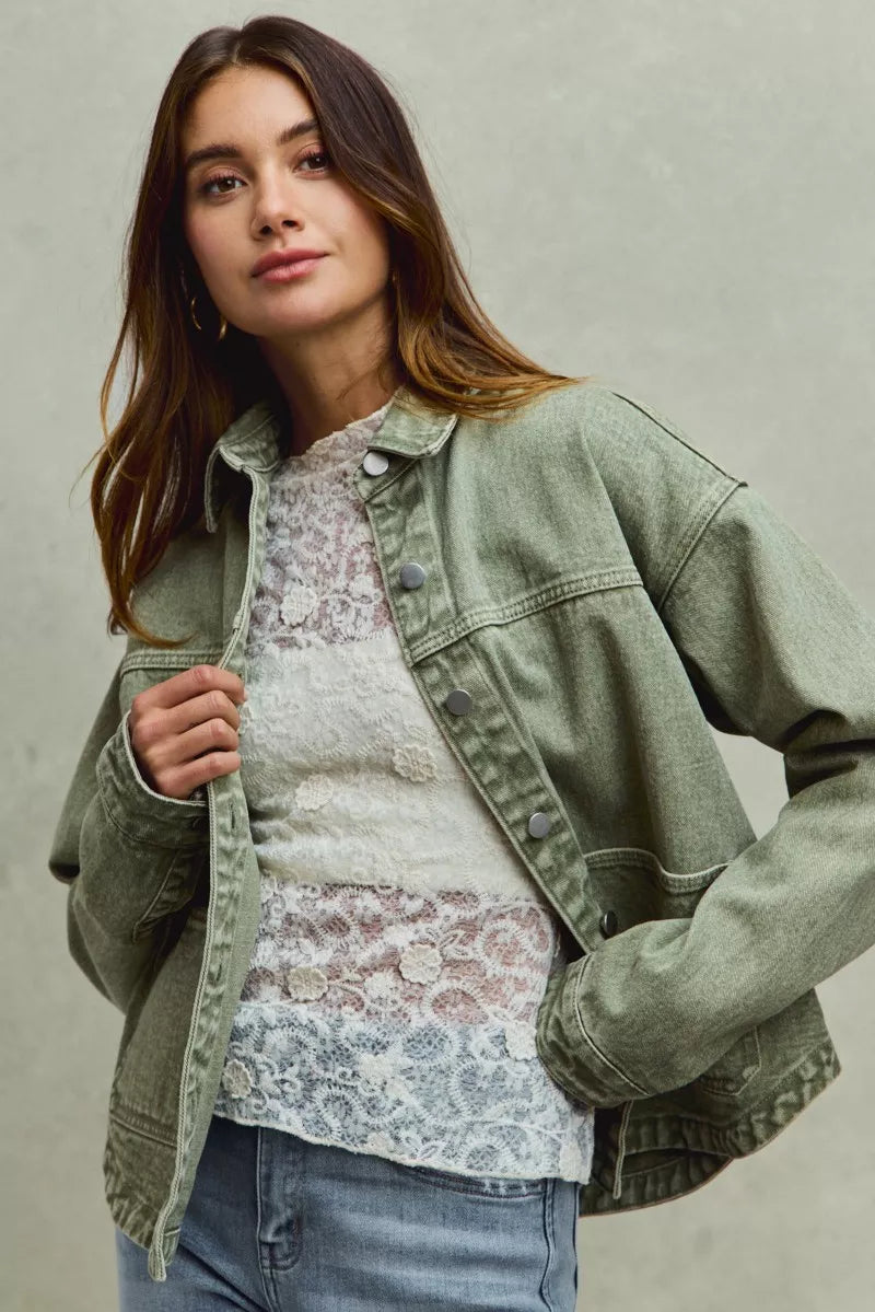 Side angle of Soren Vintage Twill Shacket highlighting collared neckline.