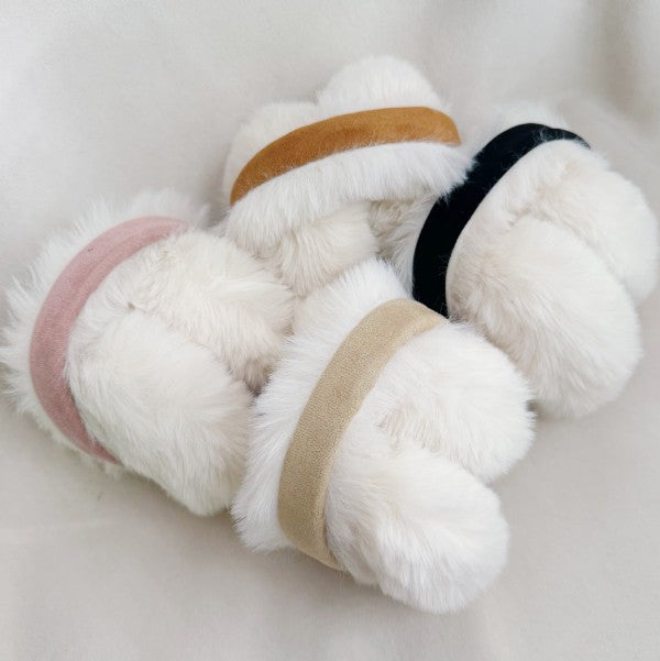 Snow Bunny Foldable Earmuffs in four colors — black, camel, pink, taupe — folded together