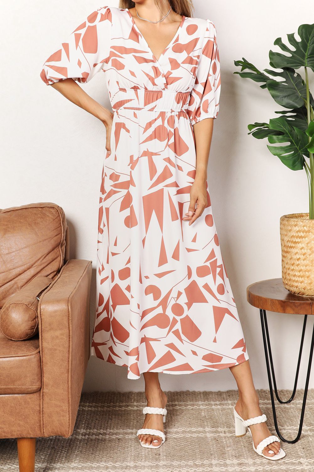 Marika Printed Surplice Balloon Sleeve Dress