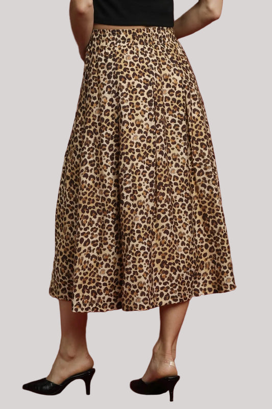 Back view of Nala leopard midi skirt showing flowy fabric.
