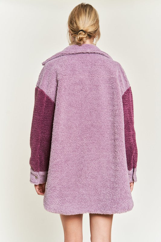 Deedre Sherpa Jacket in berry, back view showing bold colorblock design.