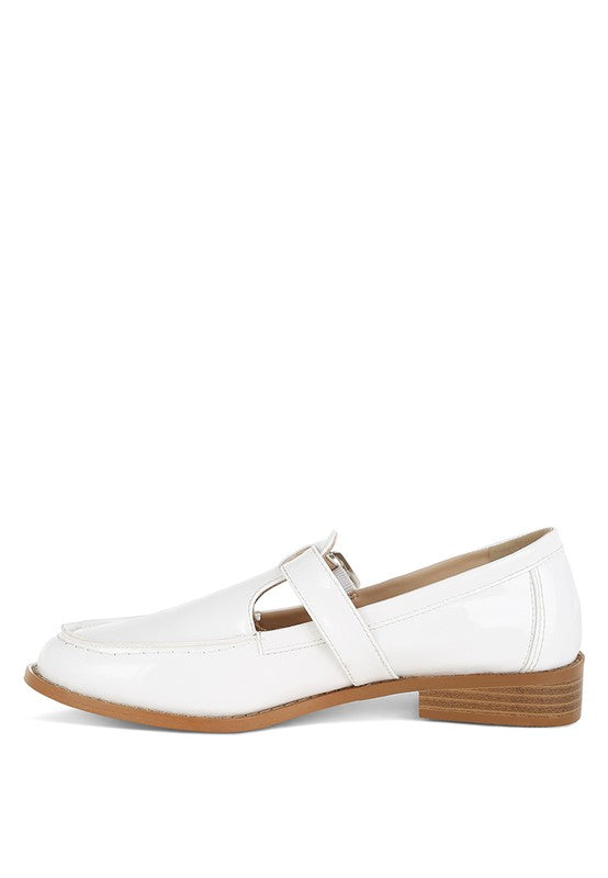White Swenson Mary Jane Loafers side angle, patent pleather with stitch details and low block heel