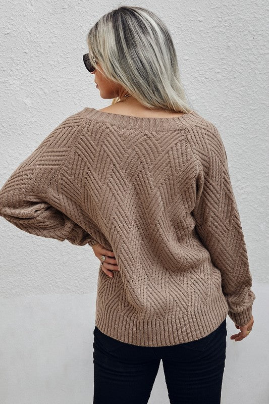 Blaise V Neck Cross Knit Sweater back view showing textured knit design in khaki.