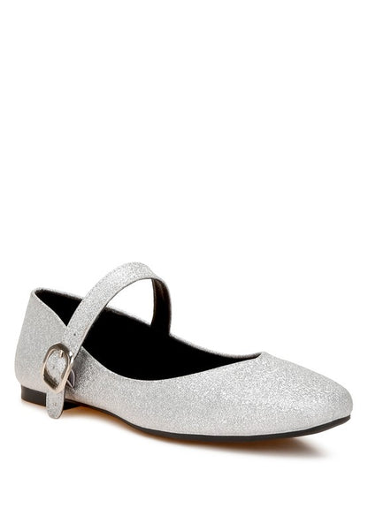 Silver glitter vegan leather ballerinas with square toe and cushioned insole.