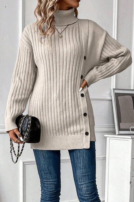 Fable Turtleneck Pullover Sweater in taupe featuring chic button side accents.