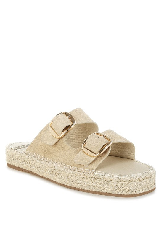 Beige genuine leather espadrille flatform sandal front angled view with open square toe and adjustable buckle strap.