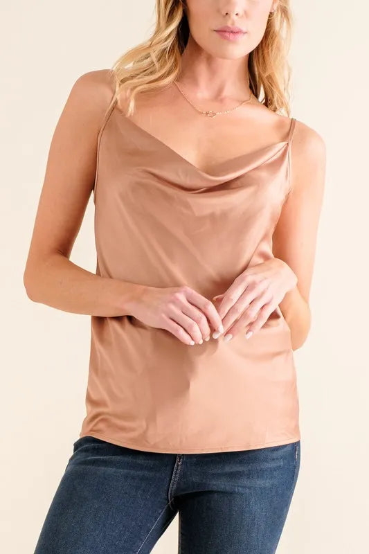 Women's satin cowl neck tank top in gold with ruched design and slightly stretchy fit.
