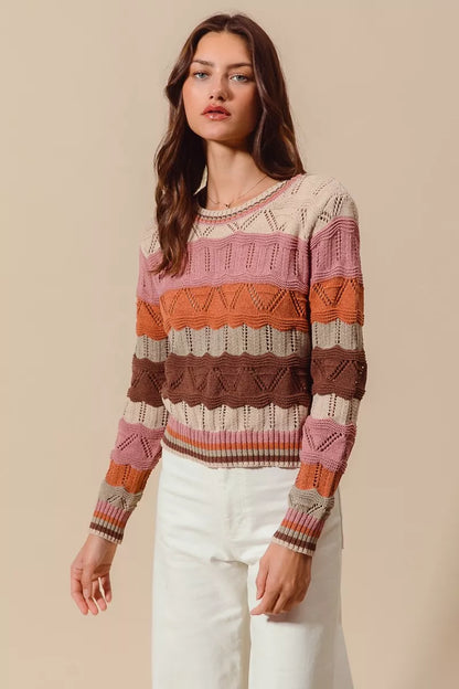 Multi Color Wavy Stripe Sweater Top with round neck and long sleeves.