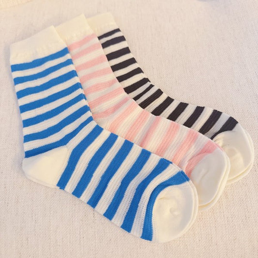 Flat lay of Urban Stripes Socks Set with blue, pink, and black striped pairs.