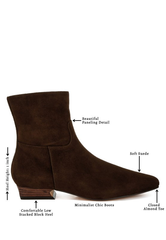 Infographic-style image of the Hakra suede bootie in brown.