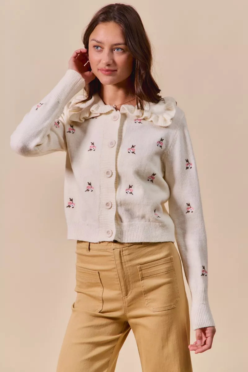 Billie Floral Sweater Cardigan cream front view with feminine embroidered flowers and collared neckline