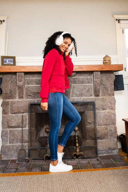 Side angle of Glenda Washed Thermal Skinny Jeans highlighting thermal stretch fabric.