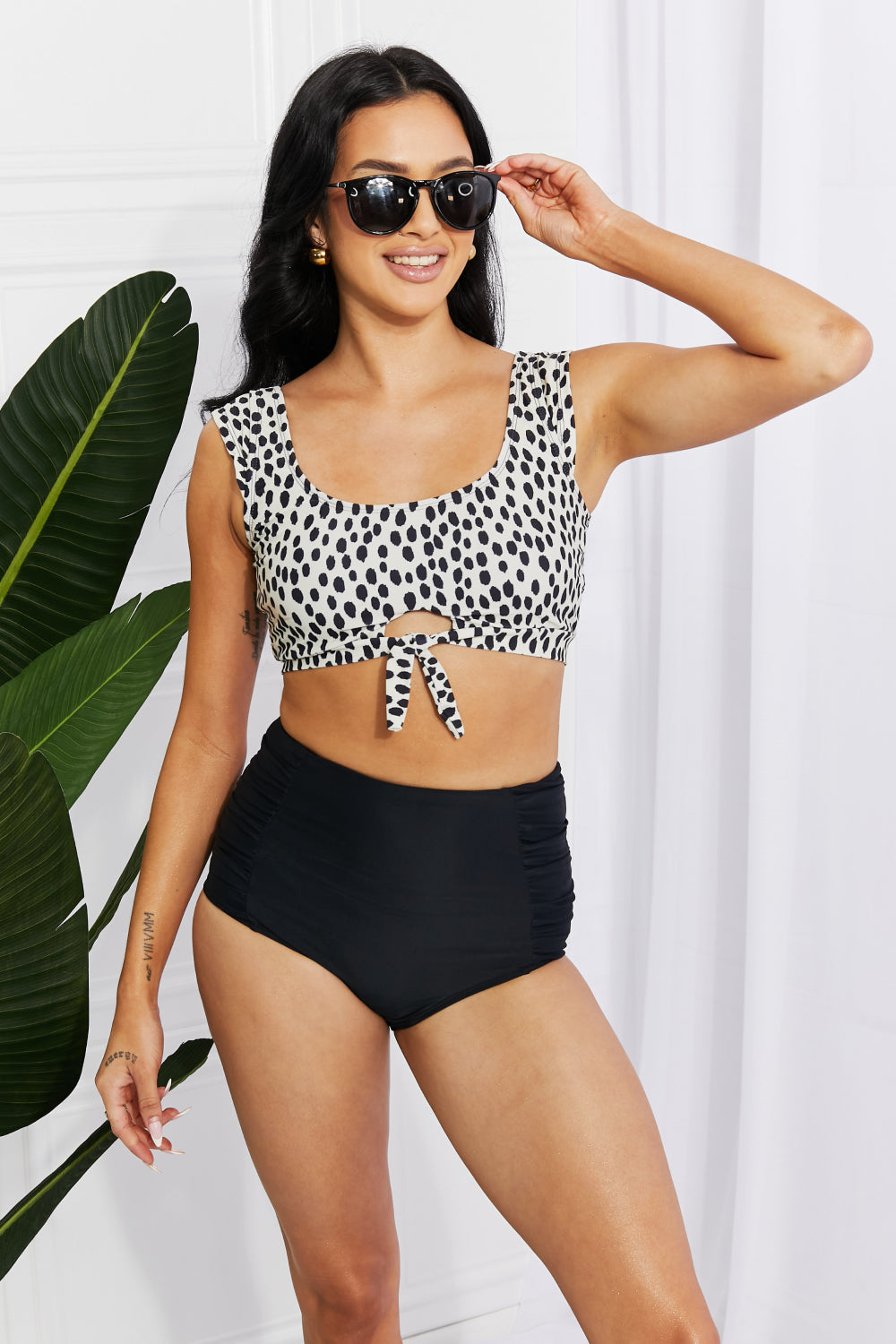 Sanibel Crop Swim Top and Ruched Bottoms Set in Spots/Black By Marina West Swim