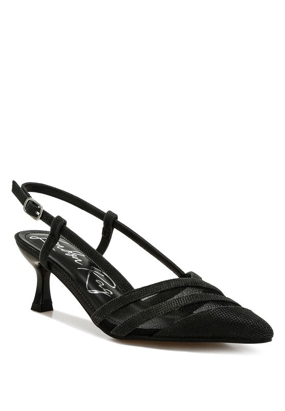 Black Daldra Kitten Heel Slingback Sandals with glitter fabric and pointed toe, front angle view
