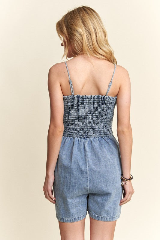 Thia Smocked Spaghetti Strap Denim Romper - 100% Cotton, Pocketed, Summer Style